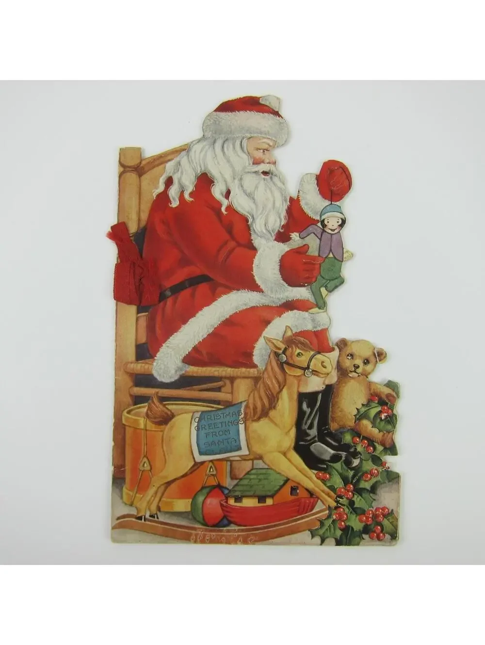 Antique Christmas Card Booklet Story Die-cut Santa Toys Rocking Horse Teddy Bear